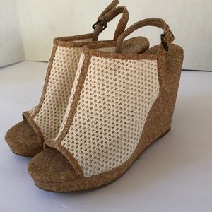 Splendid Wedge Heels Tan Natural Cork Platform Peep Toe Sandal PERFECT Cond.